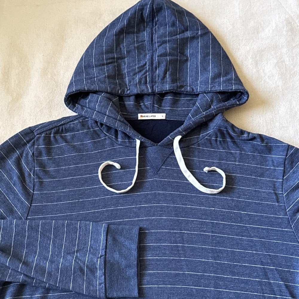Marine Layer Mens Large Striped Insulated Pullover Hoodie Navy Blue & White